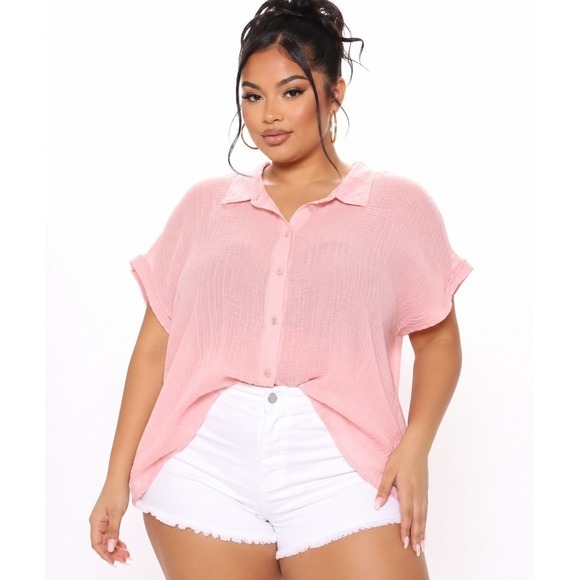 cosmic blue love Tops - Cosmic Blue Love Seashell Pink Double Gauze Button Down Shirt XXL NWT